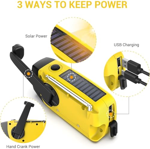Portable AM/FM Solar Radio with 2000 mAh Rechargeable Battery and Dynamo Crank, USB Port, Rechargeable SOS Alarm/Torch, for Camping, Travelling