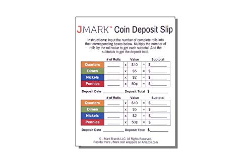 J Mark Burst Resistant Quarter Coin Roll Wrappers and Coin Storage Bank Box Bundle, Includes 100-Count Neatly-Packed Flat Coin Wrappers with Reusable Storage Bank Box and J Mark Coin Deposit Slip