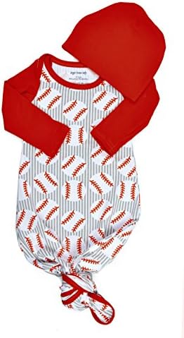 Infant Baby Tie Nightgown and Matching Hat | Sleep Gown With A Tie Bottom | Boy Girl Unisex | Soft Stretchy Cotton (Basesball, 0-3 Month)