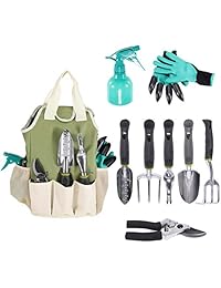 CALIFORNIA PICNIC Juego de herramientas de jardinería: organizador de herramientas de jardín, guantes de jardinería incluidos, gran herramientas de jardín para mujeres y hombres, 9 piezas, accesorios de jardín, kit de organizador de herramientas, regalos