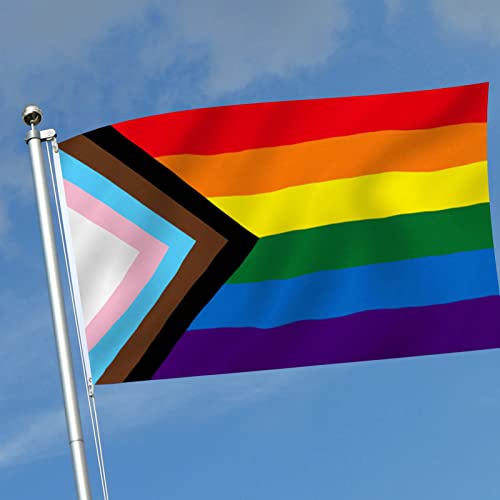 Progress Pride Rainbow Flag 3x5 Outdoor-Sewn Stripes LGBTQ Gay Lesbian Bisexual Transgender All Inlcusive Progressive Pride Rainbow Flag Vivid Color Polyester Flags with 2 Brass Grommets