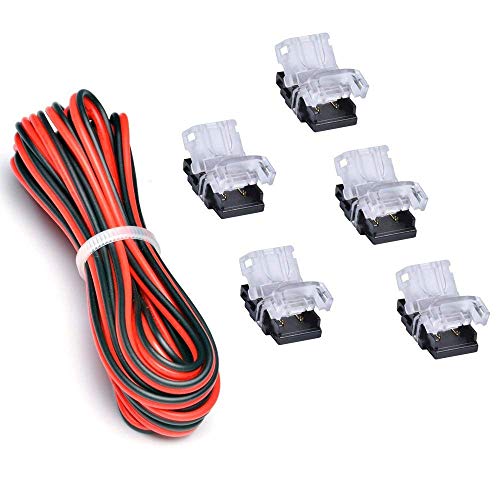 LED Strip Connector Kit 10mm 2 Pin With Extension Wire UL Listed 9.8 Feet/3 Meter 20 Gauge 2 Conductor, SMD5050 Strip to Power Lead and Strip to Strip Jumper, Non-waterproof Use. 5 Connector Packed.