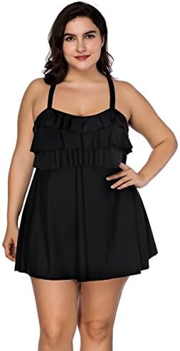 FLYCOOL Plus Size Swimdress Tummy Control Swimwear Flounce One Piece Swimsuit Flared Skirt Women (Plain Black) US 22W-24W/3XL