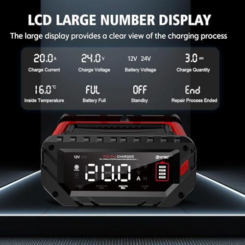 Haisito 12V/24V Smart Fast Battery Charger, 20A, LiFePO4 Lithium Lead Acid (AGM/Gel/SLA) for Cars, Boats, Motorcycles, 240V Input