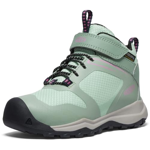 KEEN Wanduro Mid Height Waterproof Easy On Durable Sneaker Hiking Boots, Granite Green/Ibis Rose, 12 US Unisex Little Kid