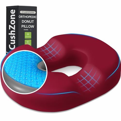 Donut Pillow Seat Cushion - Cooling Gel Floor Pillow, Memory Foam Floor Cushion for Office & Home, Car Seat, Hemorrhoids Pillow, Sciatica & Tailbone Pain Relief Chair Cushion, Red Image
