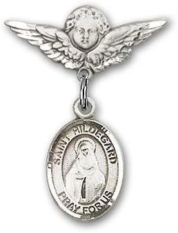 ReligiousObsession's Sterling Silver Baby Badge with St. Hildegard Von Bingen Charm and Angel with Wings Badge Pin