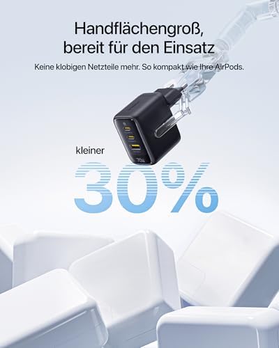 Enerfill 70W USB C Ladegerät, 3-Port GaN6 Schnellladegerät, kompaktes Netzteil für MacBook Air, iPhone 17/16/15 Pro Max, iPad Pro, Galaxy S25/S24, Pixel, Laptop und mehr