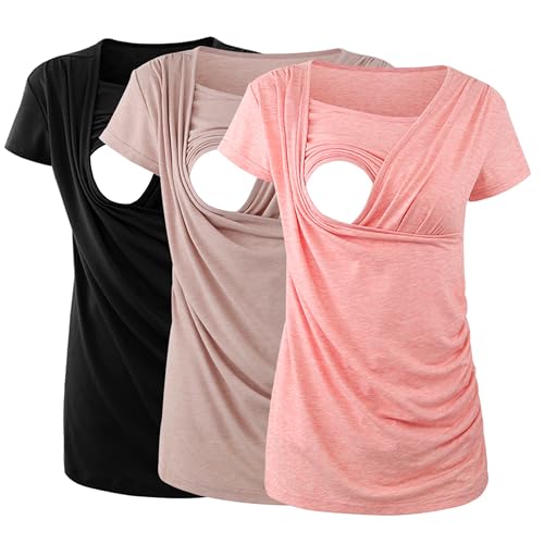 Ecavus 3PCS Women's Maternity Nursing Tops for Breastfeeding Short Sleeve Side Ruched Nursing Shirts at Amazon