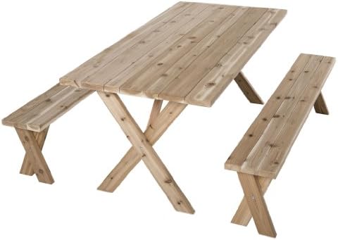 Wooden Picnic Table - American Cross Leg Outdoor Dining Set with 2 Benches, Umbrella Hole - Rectangular 34.5"L x 60"W (includes benches) x 30"H