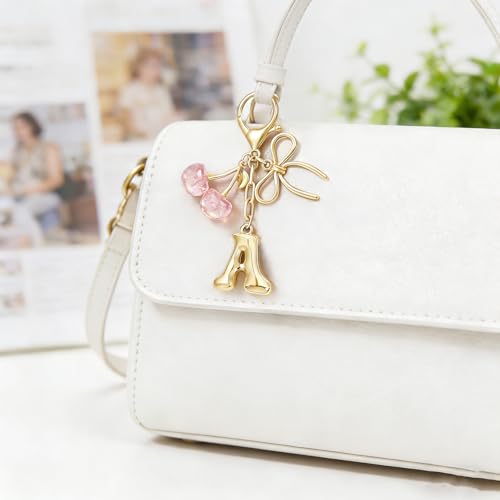 MWOOT Llavero con Letra inicial de burbuja con lazo y cereza, Llaveros de Letra lindos para mujeres,Encantos de bolso mochila y bolso de mano, Rosa