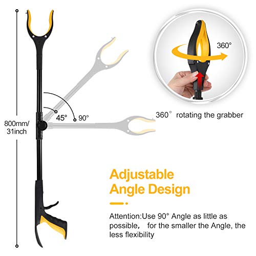 Jellas Reacher Grabber Tool, 0Â°-180Â° Angled Arm, 90Â° Rotating Head, 32" Foldable Claw Grabber with Magnetic Tips, Reaching Assist Tool for Trash Pick Up, Litter Picker, Arm Extension (Yellow)