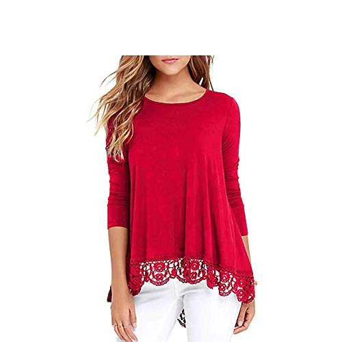 Womens Tops Long Sleeve Lace Trim O-Neck A-Line Tunic Tops for Leggings S