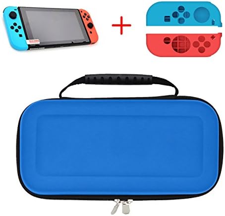 HuonGoo Carrying Case for Nintendo Switch Protective Storage Bag + high-definition Glass Screen Protector for Switch 2017 +2 Piece Soft Anti-slip Silicone Protective Cover. (Hot Bule)
