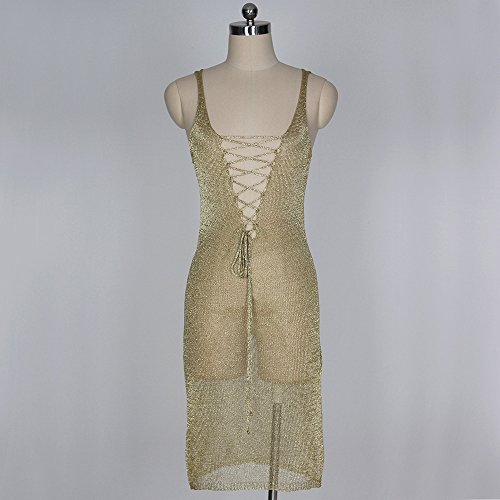 Corriee Womens Summer Sexy Sleeveless Bikini Swimwear Knitting Beach Smock Bodycon Mini Dress Gold