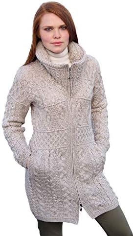 100% Irish Merino Wool Double Collar Aran Knit Coat by West End Knitwear