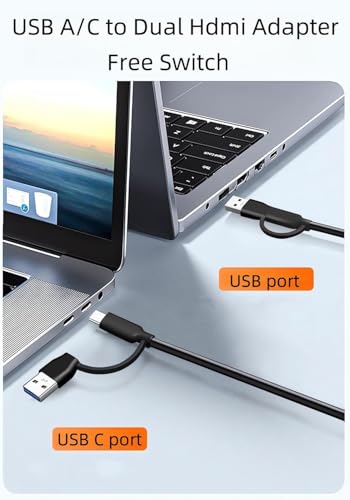 USB 3.0 to HDMI Splitter Extended Display Dual Monitors, USB 3.0-A/C to Dual HDMI Adapter 4K 30Hz+1080p60Hz for M-acBook/M-acBook Pro Air Dell (MST Support MacOS/Windows)
