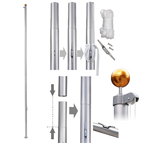 image for F2C 20FT Sectional Flagpole Kit Outdoor Halyard Pole W/1 US American 3