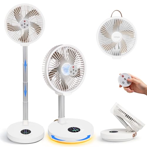 CROSPIN Ventilador Portátil Recargable 10000mAh 12 Pulgadas, Plegable y Telescópico de Pie y Escritorio, Oscilación 90°, 6 Velocidades, Control Remoto, Luz Nocturna, Temporizador, Silencioso