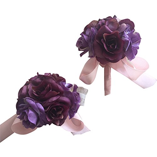 WeddingBobDIY 2 Pieces/lot Artificial Rose Flower Groom Boutonniere Buttonholes Bride Wrist Corsage Women Groomman Wedding Flowers Party Suit Decoration Dark Purple