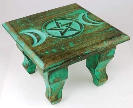 Azu Small green antiqued pentagram and triple moon ritual altar table pagan wiccan gift 6" (15cm) by 6"