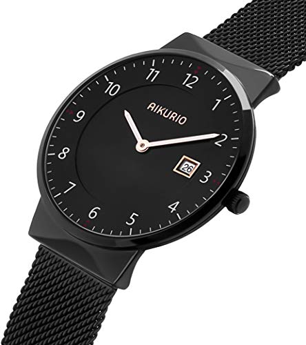 AIKURIO Unisex Wrist Watches Analog Quartz Waterproof with Stainless Steel Strap and Calendar AKR010
