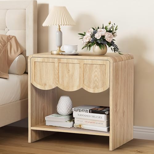 Night Stand Set of 2, Mid Century Modern Farmhouse Wood Nightstand with Wave Panel Drawer, Bed Side End Table for Small Space, Living Room - Natural