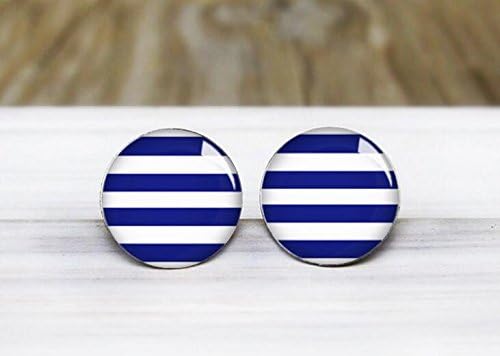 Navy Blue Stripes Stud Earrings - Hypoallergenic Earrings for Sensitive Ears