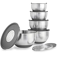 VonShef Nested Mixing Bowl Set With Lids, Non Slip Surface and Measurement Marks, Stainless Steel Mirror Finish Bowls (5 Piece - Gray)