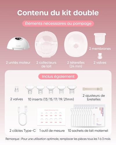 Nuliie Hand Free Electric Breast Pump, Handsfree Breast Pump with 4 Modes, 9 Levels, Memory Function, Rechargeable Milk Extractor with LED Display, Light Weight - 24mm (2 Packs, White)
