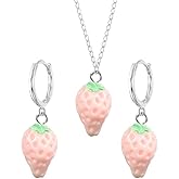 YISXVD 3D Simulated Fruit Strawberry Necklace Earring Set Red Strawberry Dangle Huggie Necklace Earring Set Jewelry
