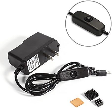 Enokay 5V 3A Power Supply Charger for Raspberry Pi 2 Pi 3 Micro USB with On Off Switch and 3pcs Heatsinks … (Black 2)