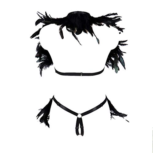 Women Harness Feather Epaulette Bralette Strappy Full Body Frame Set Festival Rave Halloween Burning Man Wing (Black O712+L0063)