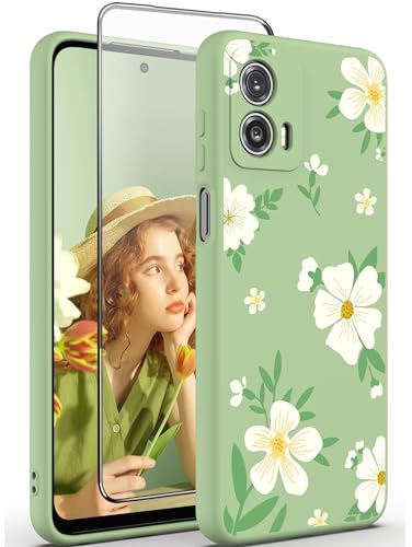 Yucenx for Motorola Moto G 5G 2023 Case, Girls Women Florals Liquid Silicone Phone Case, Shockproof Anti-Scratch Soft Protection Case with Tempered Glass Screen Protectors (Matcha Green)