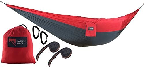 Eastern Ridge UltraLight Single Durable Portable Parachute Camping Hammock Set With Lightweight Carabiners And Daisy Chain Hanging Straps (Red-Gray)