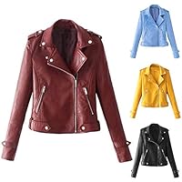 eujwtunxm 2019 Womens Autumn Winter Coats Solid Color Women Faux Leather Lapel Motorcycle Jacket Long Sleeve Zip Up Coat - Wine Red XXXL