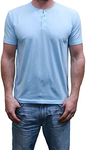 Henley Mens  Short Sleeve TShirt with 3 Buttons, Heather Sky Blue, Medium
