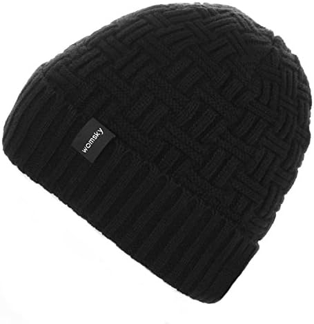 Womsky Wool Lined Beanie Hat Mens Winter Warm Knitting Hats Mens Winter Solid Color Warm Knit Ski Skull Cap