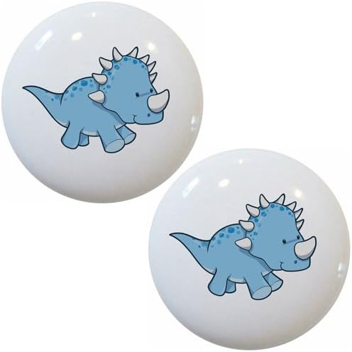 Set Of 2 Baby Triceratops Dinosaur Ceramic Cabinet Drawer Knobs