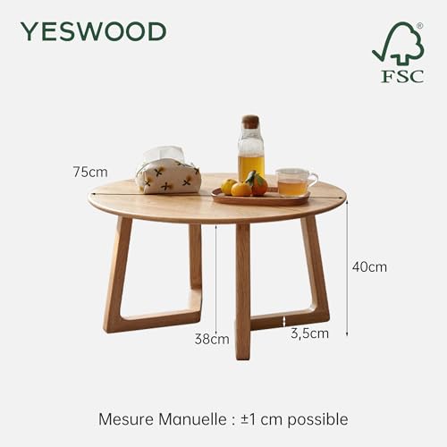 YESWOOD Solid Oak Coffee Table, Modern Design, Inclined Legs, Round Coffee Table for Living Room, 75 x 75 x 40 cm, Natural Oak