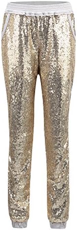 Wiipu Women's Sequins Drawstring Loose Casual Capris Pants Trousers(J694)Small Gold