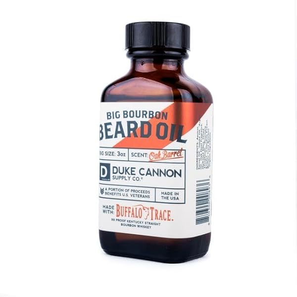 DUKE CANNON BIG BOURBON BEARD OIL – PREMIUM ORGANIC BLEND WITH APRICOT KERNEL, ARGAN, AND JOJOBA OILS, OAK BARREL SCENT, 3 OZ.