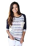MIXMAX Women Ethnic Splice Contrast Color Geometry Print 3/4 Sleeve Raglan T Shirt Tops (Large, Dark blue)