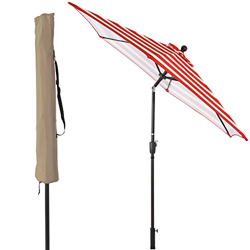 LCH 9Ft Patio Outdoor Umbrella Backyard Garden Market 1.5" Aluminum Pole 6 Ribs Umbrella with Push Button Tilt and Crank (Stripe Red)