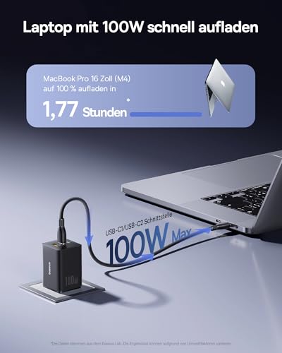 Baseus Enerfill USB C Ladegerät 100W, 3-Ports USB C Netzteil, PD Ladegerät mit PPS, GaN Schnellladegerät kompatibel mit MacBook Pro/Air, iPad, Laptop, iPhone 17/16/15/14, Galaxy S25, Pixel, Schwarz thumbnail 2