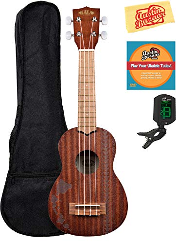 Kala KA-15S-H2 Satin Mahogany Soprano Ukulele - Hawaiian Islands & Tattoo Bundle with Gig Bag, Tuner, Austin Bazaar Instructional DVD, and Polishing Cloth