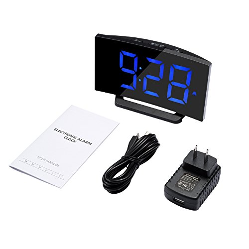 Digital Alarm Clock, Atmoko 5'' LED Display Clock with Curved-screen and Dimmer, Snooze Function, 3 Adjustable Alarm Sounds, Bedside Alarm Clock for Bedroom, Kitchen, Office-Blue