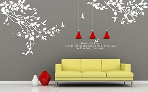 White Tree Wall Decals Art Quotes Family Wall Stickers with Birds for Bedroom Girls Room W480cm*H179cm