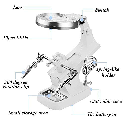 vmree Multifunctional Desktop LED Helping Hand Magnifying Soldering Iron Stand Lens Bench Magnifier Clamp Tool Kit Repair Station Welding and Assembling Precision Instrument (White)