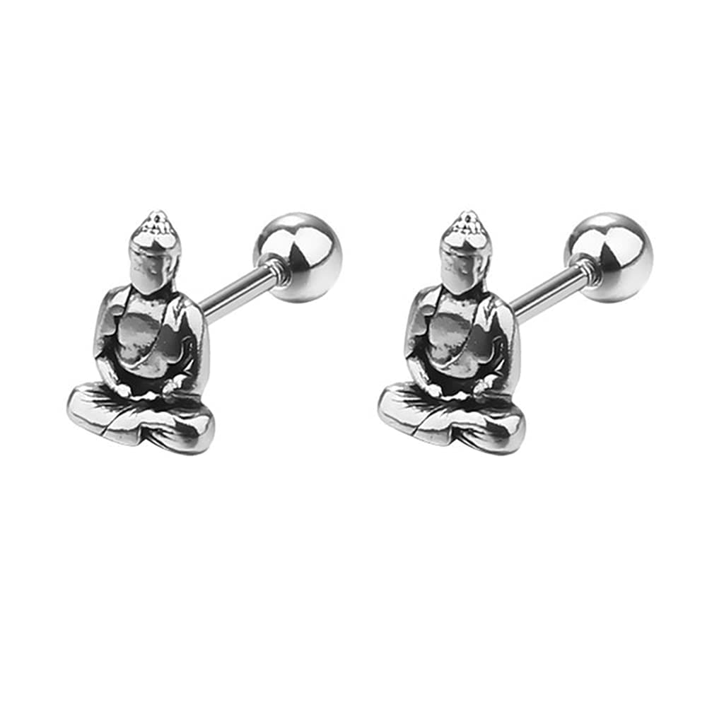 Vintage Lucky Buddha Statue Stud Earrings for Women Mens Stainless Steel 16G Screw Back Tragus Helix Barbell Cartilage Piercing Earring Studs Punk Jewelry Gifts Birthday